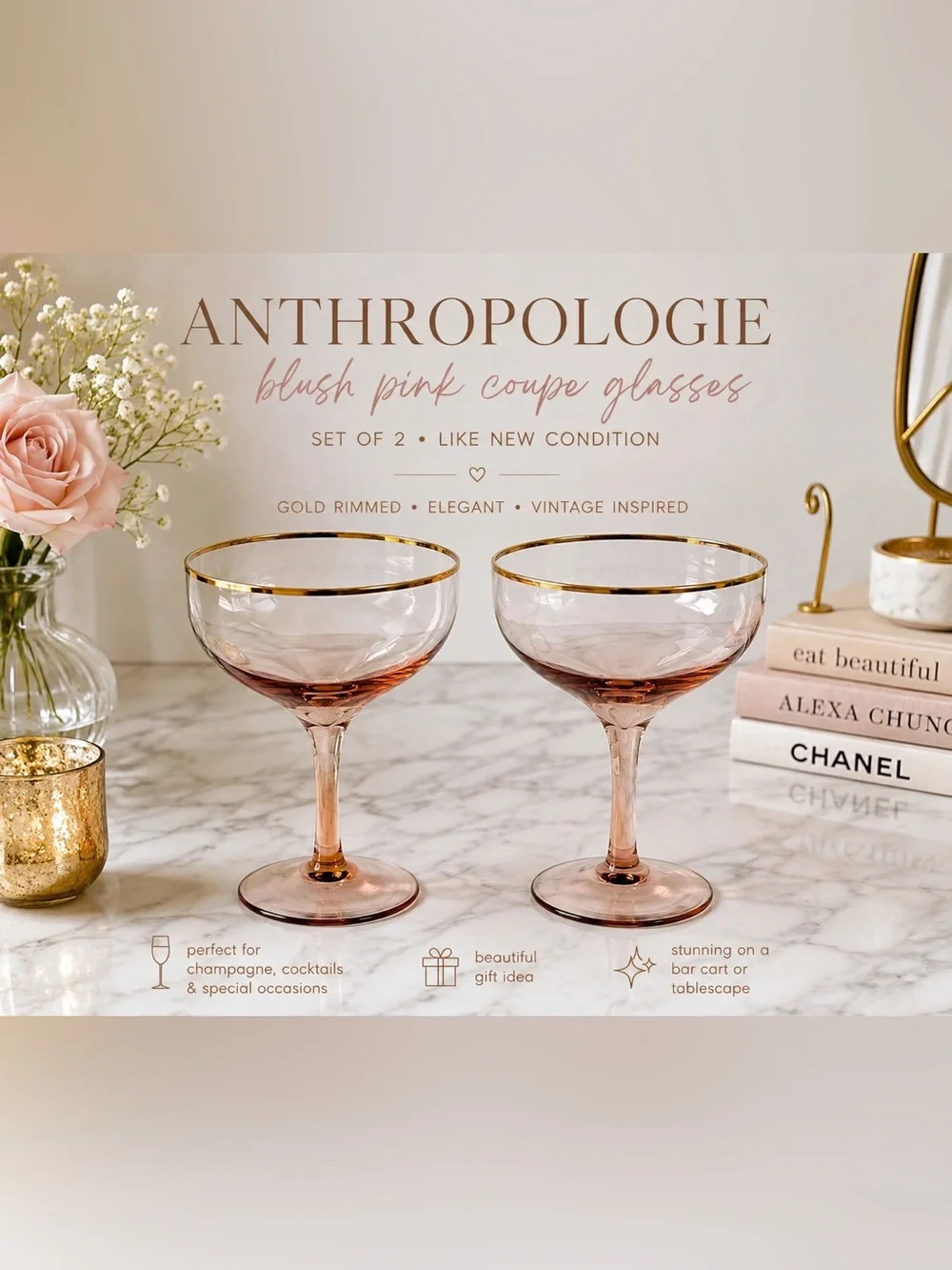 Anthropologie Blush Pink Coupe Glasses with Gold Rim - Set of 2